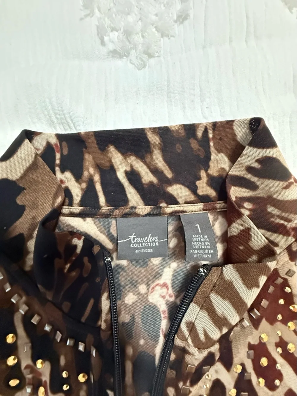 Brown Animal-Print Zip Front Utility Jacket with Stud Detail - Picture 2 of 5
